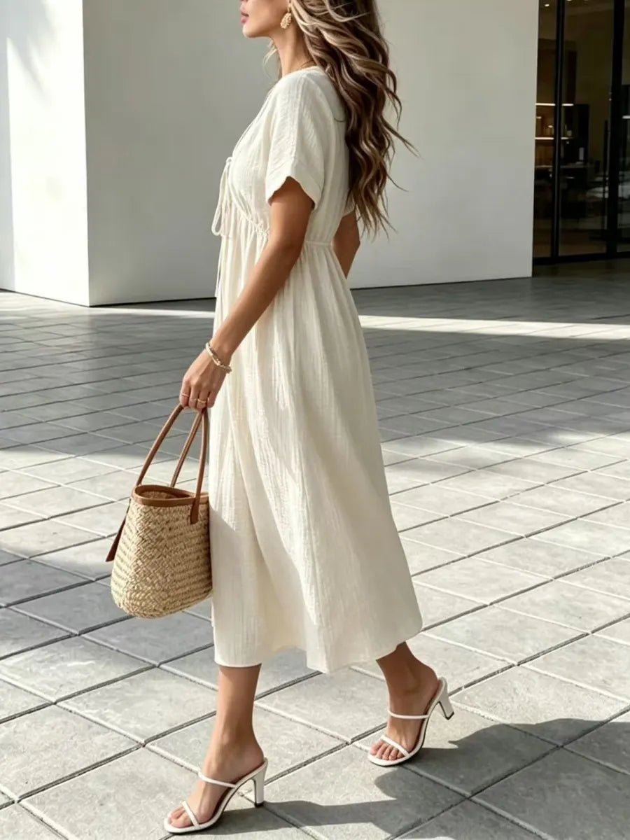 ✨⏰Women'S V-Neck Loose-Fitting Comfortable Long Solid Color Short-Sleeved Dress
