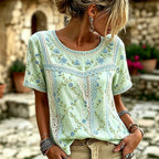 Women's Retro Floral Embroidered Patchwork Art Round Neck Linen Blend T-shirt