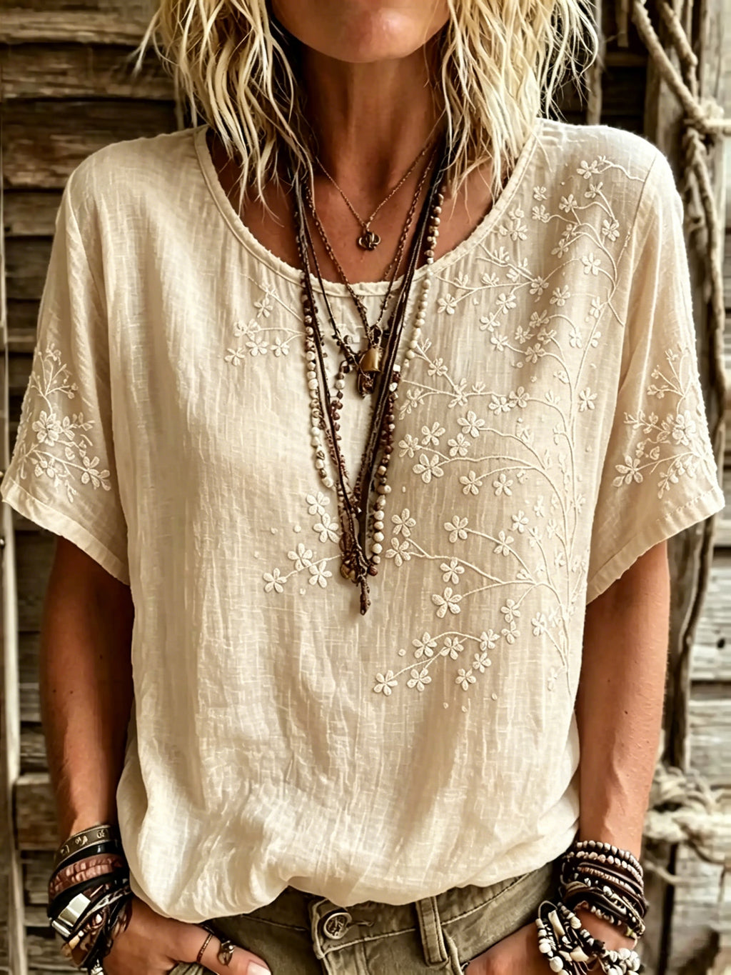 Women's Vintage Floral Art Linen Blend T-shirt