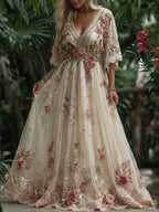 Women's Vintage Roses Embroidery Art V-neck Maxi Dress