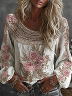 Women's Floral Embroidered Art Print Flowy Linen Blend Casual Tops