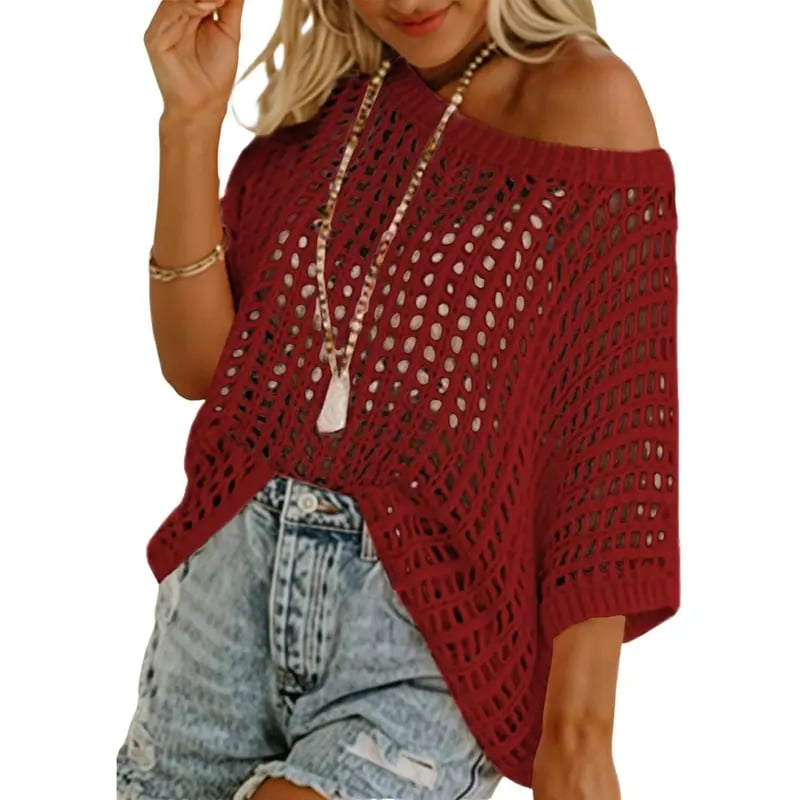 📦📦Short Sleeve Crochet Sweater Lightweight Summer Tops Loose Hollow Out Crewneck Pullover