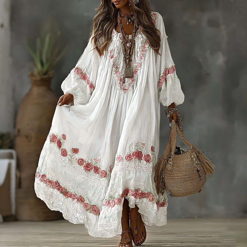 Women's Vintage Floral Art Print Flowy Linen Blend Casual Long Sleeve Maxi Dress