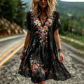 Vintage Floral And Lace Art Cotton Linen Casual V-neck Short Sleeve Dress