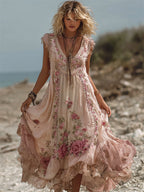 Vintage Boho Pink Roses Lace Flowy Linen Maxi Dress
