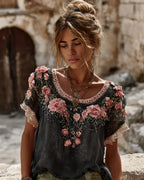 Women's Vintage Floral Embroidered Art Flowy Linen Blend Short Sleeve Casual Tops