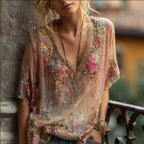 Vintage Floral 3d Art Embroidery Lace Cotton Linen Washed V-neck Short Sleeve Top