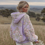 Women's Pink Flower Embroidery Art Long Sleeve Hoodie