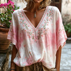 Women's Pink Cherry Blossom And Lace Art Embroidery Pink Tie-dye V-neck Long Sleeve Top