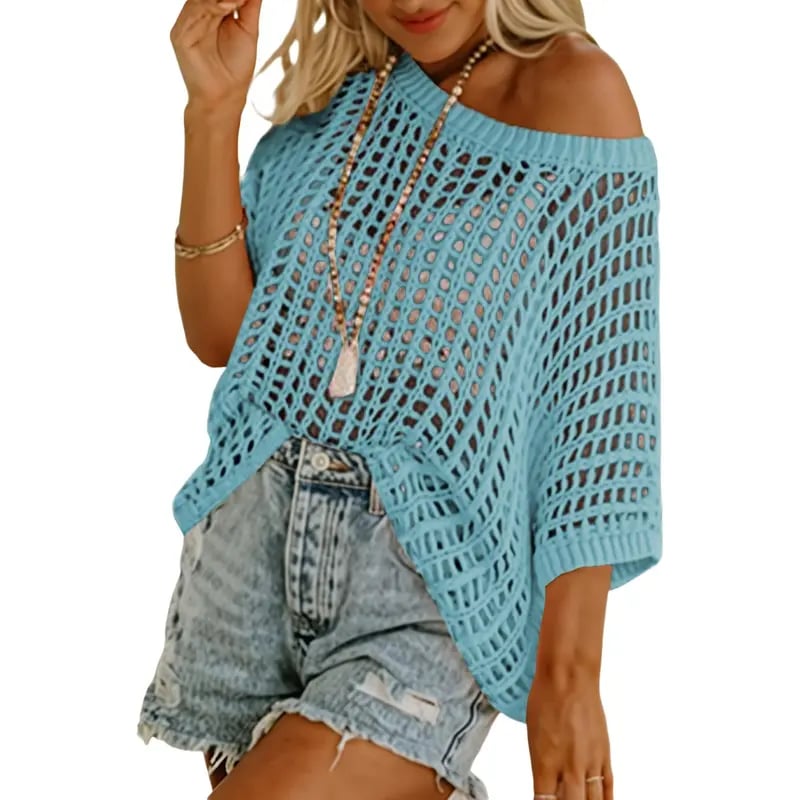 📦📦Short Sleeve Crochet Sweater Lightweight Summer Tops Loose Hollow Out Crewneck Pullover