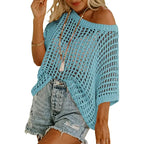 📦📦Short Sleeve Crochet Sweater Lightweight Summer Tops Loose Hollow Out Crewneck Pullover
