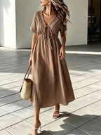 ✨⏰Women'S V-Neck Loose-Fitting Comfortable Long Solid Color Short-Sleeved Dress