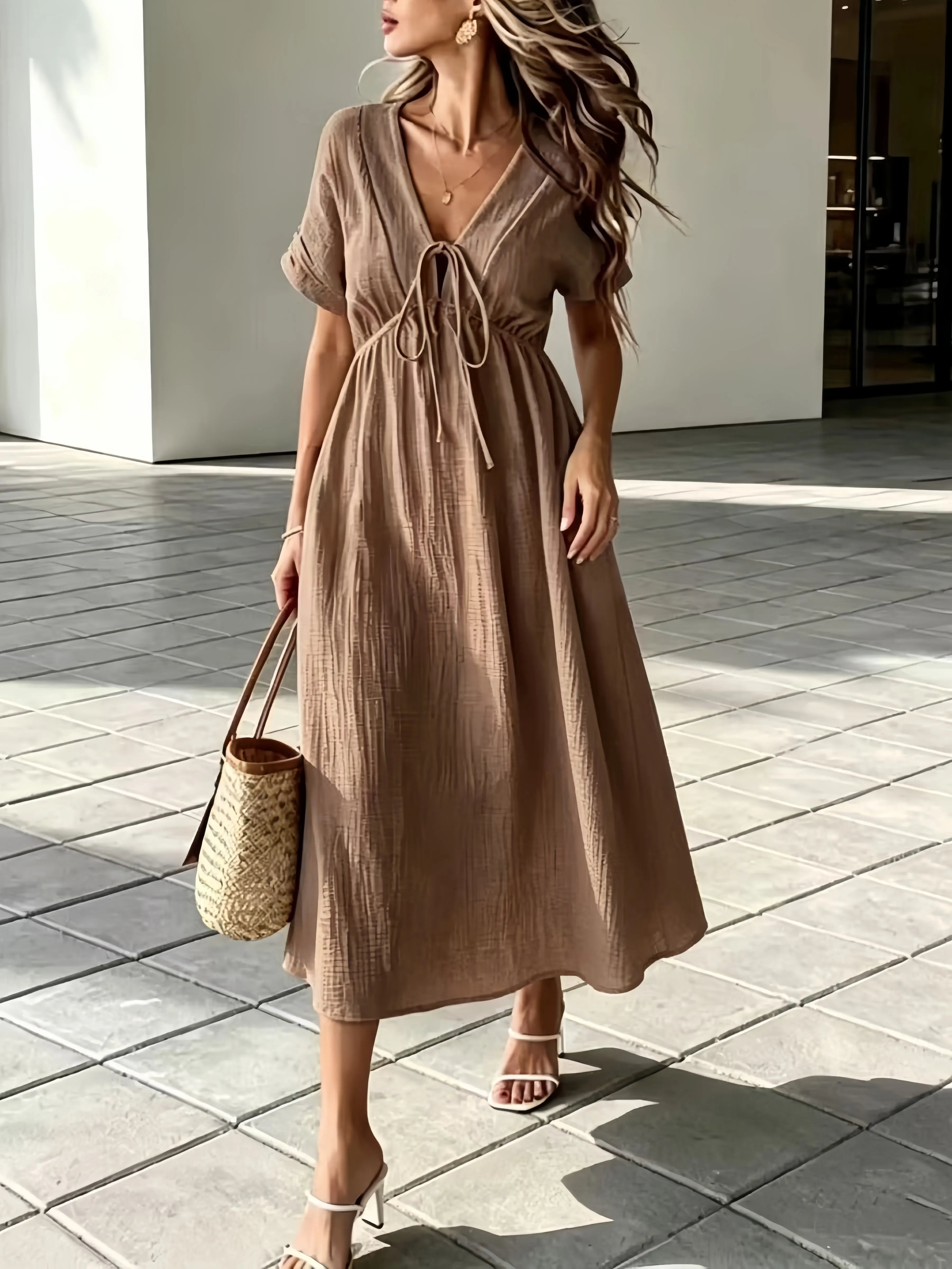 ✨⏰Women'S V-Neck Loose-Fitting Comfortable Long Solid Color Short-Sleeved Dress
