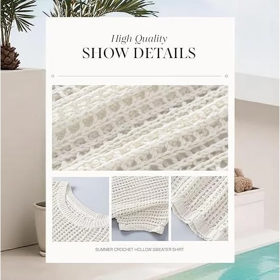 📦📦Short Sleeve Crochet Sweater Lightweight Summer Tops Loose Hollow Out Crewneck Pullover