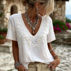 Vintage Style Cherry Blossom And Dragonfly Embroidered Linen Blend White Short Sleeve V-neck Top