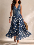 💝💝Stylish Casual Sleeveless Denim Dress With Polka-dot Chiffon Paneling