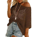 📦📦Short Sleeve Crochet Sweater Lightweight Summer Tops Loose Hollow Out Crewneck Pullover