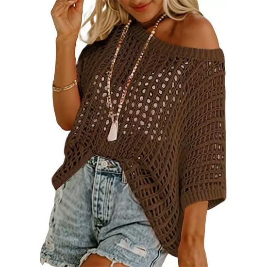 📦📦Short Sleeve Crochet Sweater Lightweight Summer Tops Loose Hollow Out Crewneck Pullover