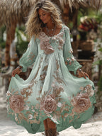 Women's Vintage Romantic White Rose Embroidery Art Comfy Linen Maxi Dress