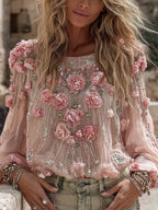 Women's Vintage Romantic Floral Embroidered Art Print Flowy Linen Blend Casual Tops
