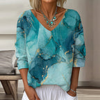 Women's Vintage Marble Art Print Flowy Linen Blend  Three-quarter Sleeve V Neck Linen Tops