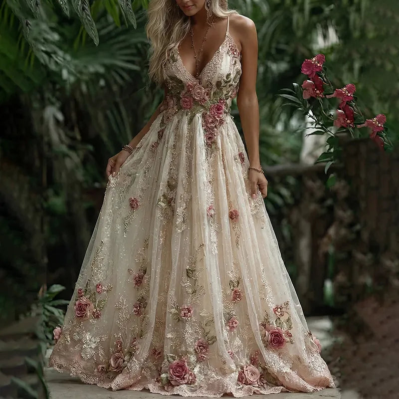 Women's Pink Rose Embroidery Art Suspender Maxi Dress