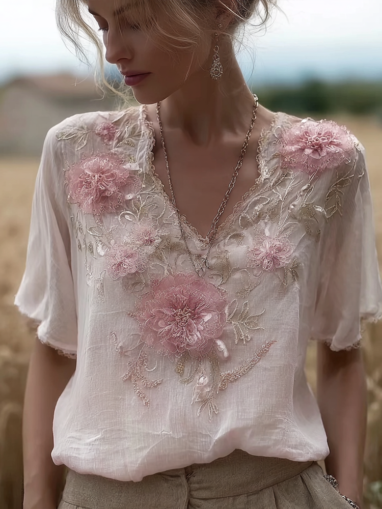Bohemian Retro Pink Floral Pattern Women's Short-sleeve Top