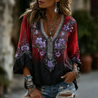 Classy Gradient Purple Lavender And Floral Art Linen Blend Loose Three-quarter Sleeve Shirt