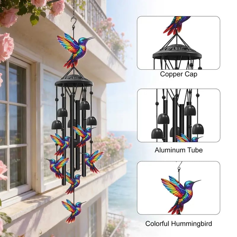 💝💝Colorful hummingbird wind chime with metal tubes and bells