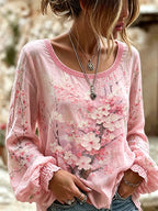 Women's Japanese Cherry Blossom Painting Art Crew Neck Linen Blend T-shirt