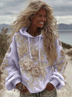 Women's Classic Romantic White Rose Embroidery Art Comfy Hoodie