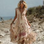 Vintage Boho Pink Roses Lace Flowy Linen Maxi Dress
