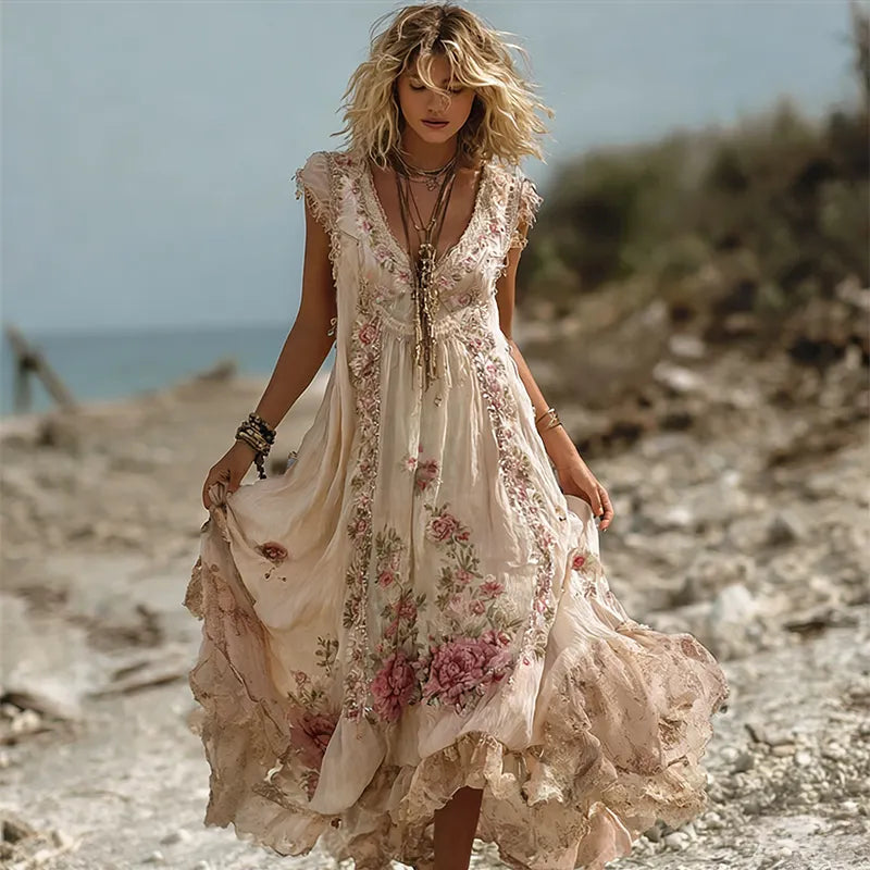 Vintage Boho Pink Roses Lace Flowy Linen Maxi Dress