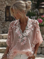Women's Pink Cherry Blossom Embroidered Linen Blend T-shirt