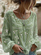 Women's Dragonfly Flower Art Crew Neck Long Sleeve Linen Blend T-shirt
