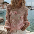 Women's Pink Flower Embroidery Art Long Sleeve T-shirt