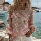 Women's Pink Flower Embroidery Art Long Sleeve T-shirt