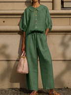Plus Size Friendly New Arrivals🔥Stylish Peter Pan Collar Shirt And Wide-leg Pant Linen Two-piece Set
