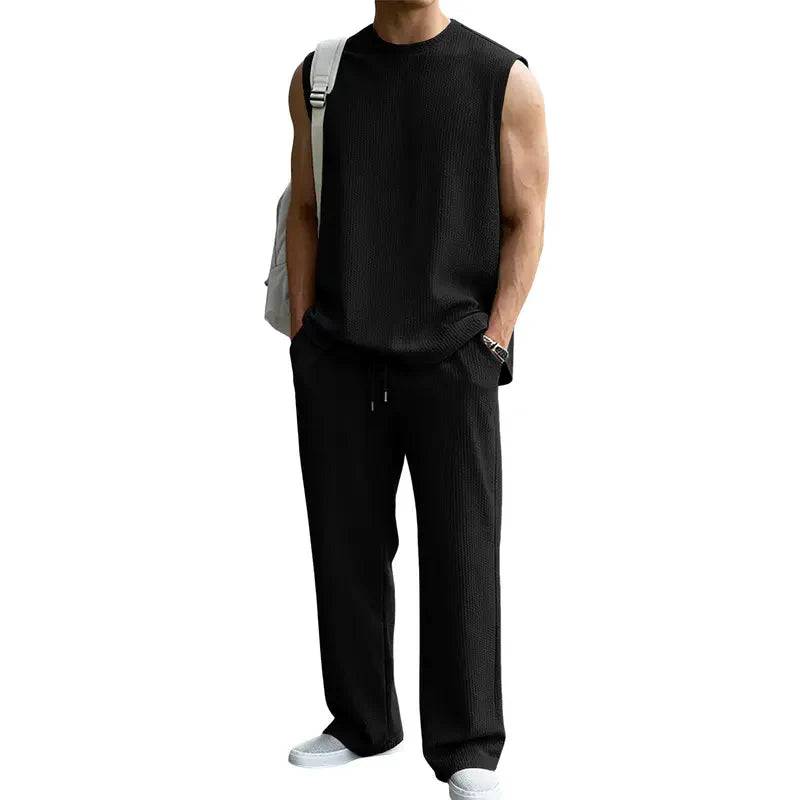 📦📦Mens 2 Piece Rib Knit Sweatsuit Tank Top Baggy Wide Leg Pants Set Vacation Beach Outfit for Men