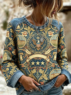 Retro American Independence Day Commemorative Floral Print Faux Denim Cotton Linen Long Sleeve Top