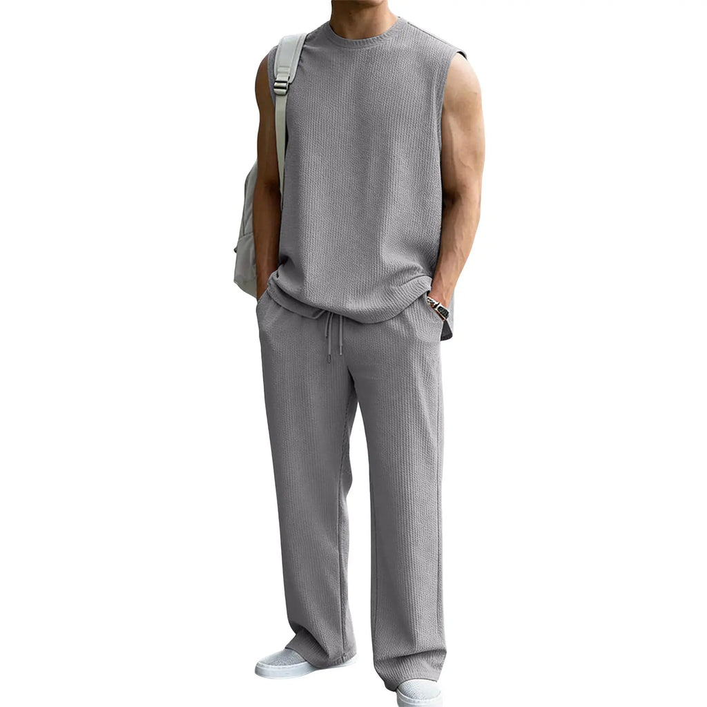 📦📦Mens 2 Piece Rib Knit Sweatsuit Tank Top Baggy Wide Leg Pants Set Vacation Beach Outfit for Men