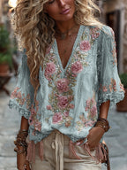 Women's Vintage Rose Embroidery Art Comfy Linen Shirts