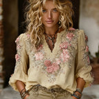 Bohemian Style Pink Rose Black Casual V-neck Long Sleeved Top