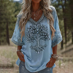 Women's Retro Viking Tree Of Life Sequins Art Linen T-shirt