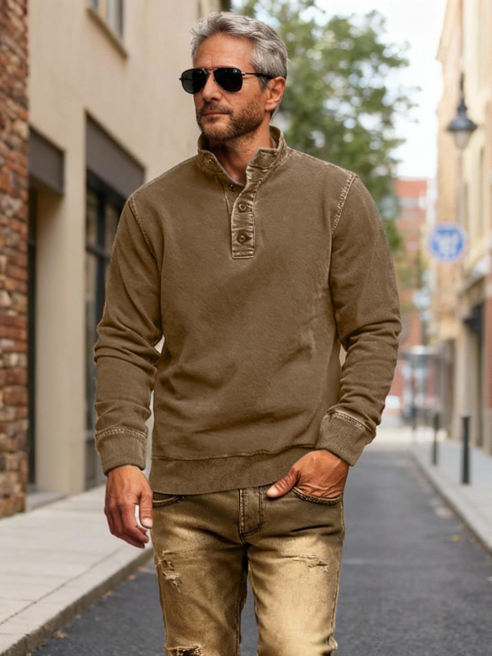 NEW🔥 Men's Retro Casual Stand Collar Button Solid Color Sweatshirt