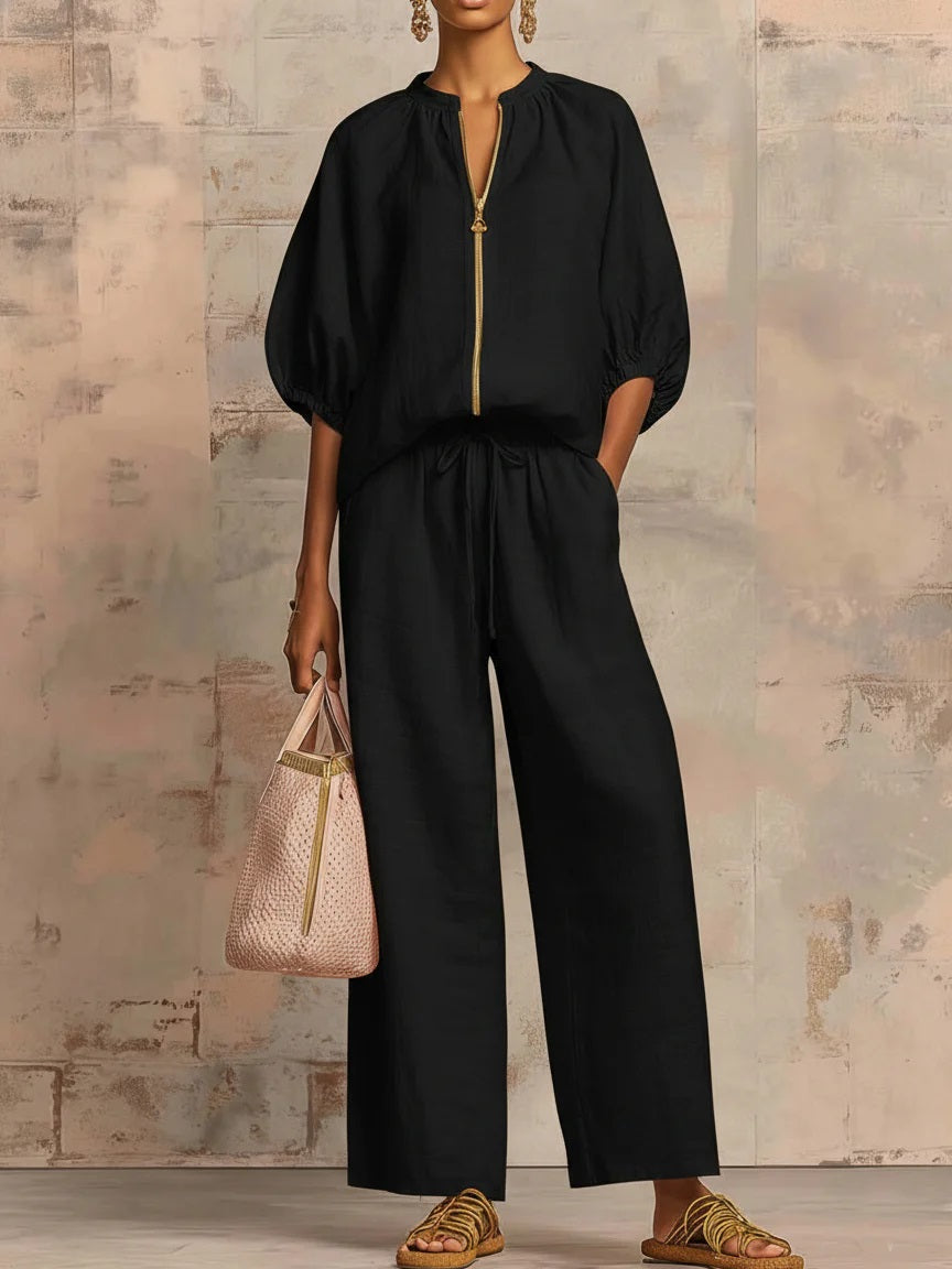 ✨⏰New Arrivals🔥 Stylish Cozy Zipper Shirt & Wide-Leg Pants Linen Cotton Two-Piece Set