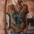 Women's Vintage Dragonfly And Floral Art Print V Neck Linen Blend Short Sleeve Tops