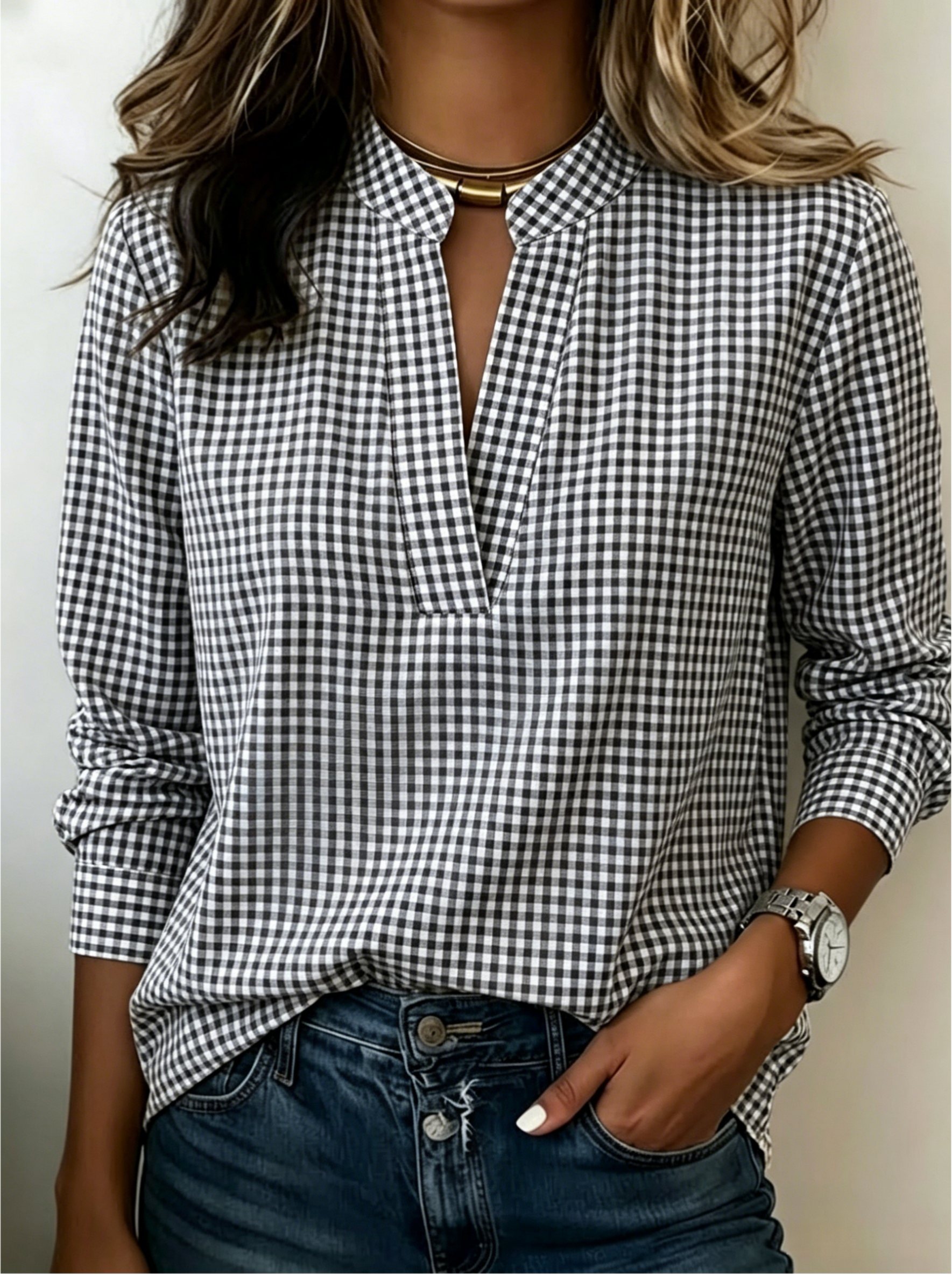 Today 50% Off🔥Women’s Classic Gingham Split V-Neck Blouse (BUY 2 GET FREE SHIPPING)