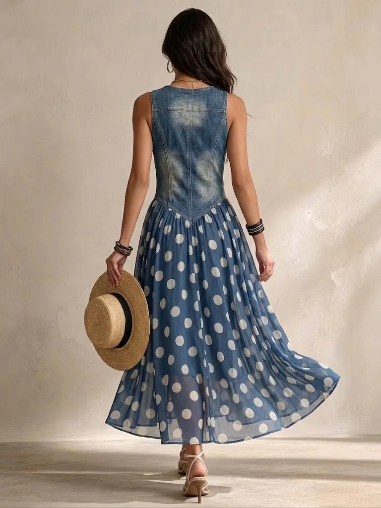 💝💝Stylish Casual Sleeveless Denim Dress With Polka-dot Chiffon Paneling