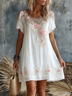 Women's Retro Rose Floral Embroidery Pattern Short Sleeve Linen Dress